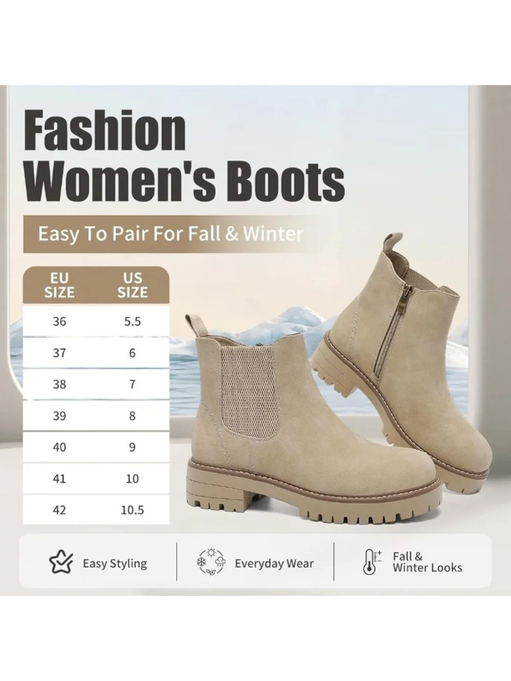 Stylish Women's Ankle Chelsea Boots with Side Zip, Chunky Low Heel, Round Toe